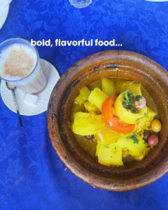 A photo of tangine, a traditional Moroccan meal, and a cup of coffee