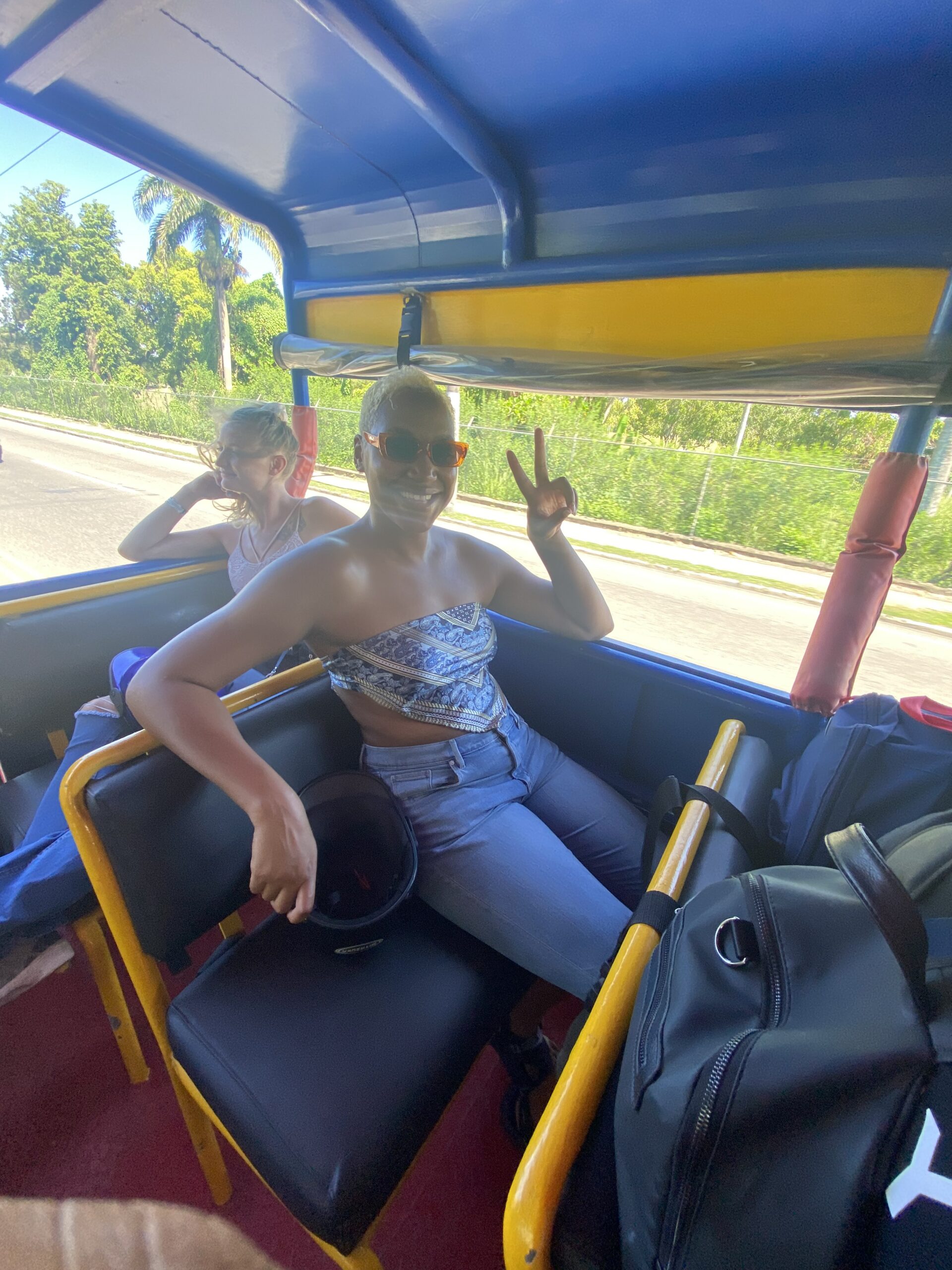A solo traveler woman on a cart